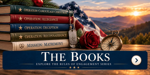 Rules of Engagement book series featuring military romance novels by DeeDee Lake and Susan M. Baganz, with an American flag, rose, dog tags, and compass.
