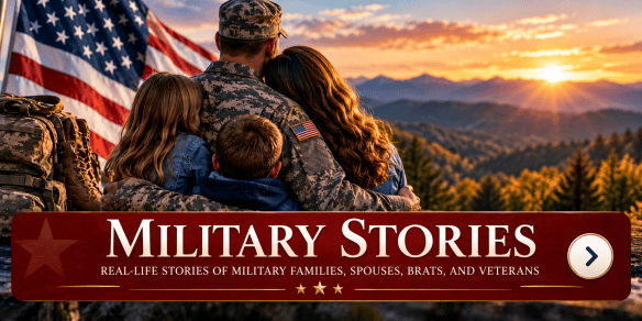 Military family overlooking the mountains at sunset, representing real-life stories of military families, spouses, brats, and veterans.
