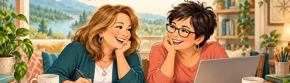 Illustration of two women smiling together at a writing desk with a laptop, open notebook, coffee mugs, map, and compass. Text reads “Why We Decided to Write Together,” with DeeDee Lake and Susan M. Baganz’s names.