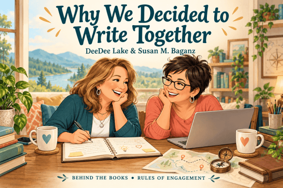 Illustration of two women smiling together at a writing desk with a laptop, open notebook, coffee mugs, map, and compass. Text reads “Why We Decided to Write Together,” with DeeDee Lake and Susan M. Baganz’s names.