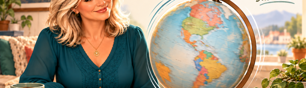 Illustration of a military wife looking at a globe, reflecting on her favorite places to live as a Navy brat and Army wife.